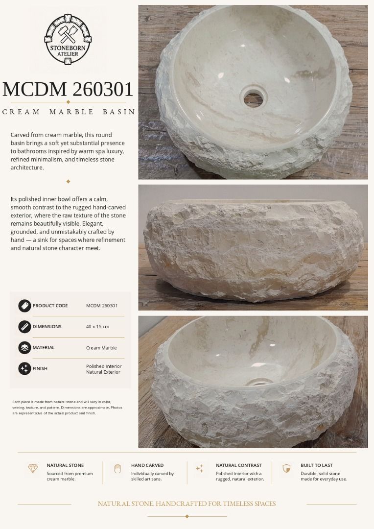 Stone Sinks (Category: Bathroom & Kitchen Fixtures) located in Caloocan City. Submitted by sbatelier.philippines (Listing ID 1464626718, Image 2). Description: Ready, on-hand stock. No need to wait for preordering, no downpayment needed. All items are availble on hand ready for same/Next day shipping. DM us to view all our product catalogues with clear photos and specs. Large selection to choose from. At Stoneborn Atelier, we create unique, hand-