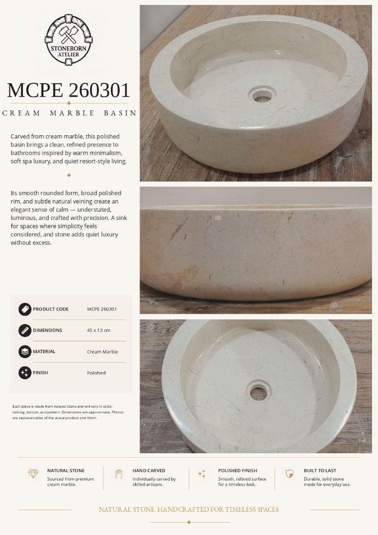 Stone Sinks (Category: Bathroom & Kitchen Fixtures) located in Caloocan City. Submitted by sbatelier.philippines (Listing ID 1464633531, Image 2). Description: Ready, on-hand stock. No need to wait for preordering, no downpayment needed. All items are availble on hand ready for same/Next day shipping. DM us to view all our product catalogues with clear photos and specs. Large selection to choose from. At Stoneborn Atelier, we create unique, hand-