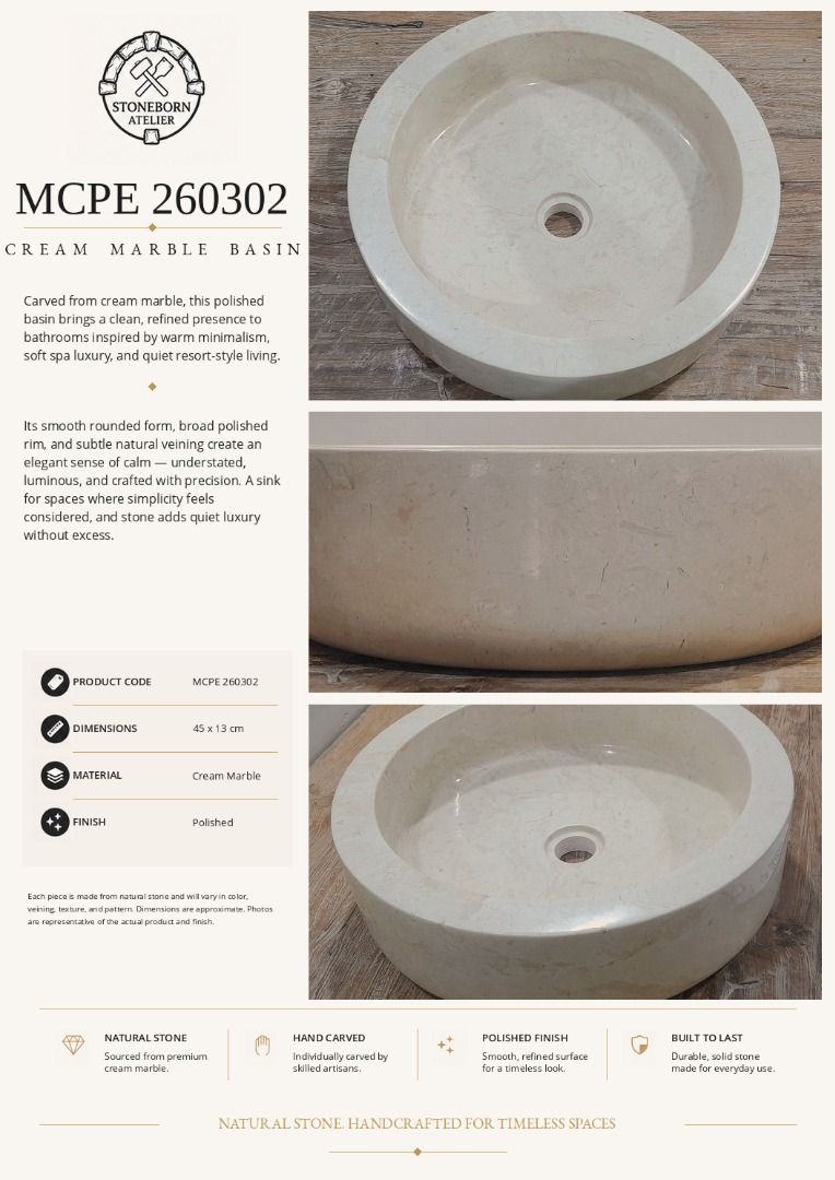 Stone Sinks (Category: Bathroom & Kitchen Fixtures) located in Caloocan City. Submitted by sbatelier.philippines (Listing ID 1464633531, Image 3). Description: Ready, on-hand stock. No need to wait for preordering, no downpayment needed. All items are availble on hand ready for same/Next day shipping. DM us to view all our product catalogues with clear photos and specs. Large selection to choose from. At Stoneborn Atelier, we create unique, hand-