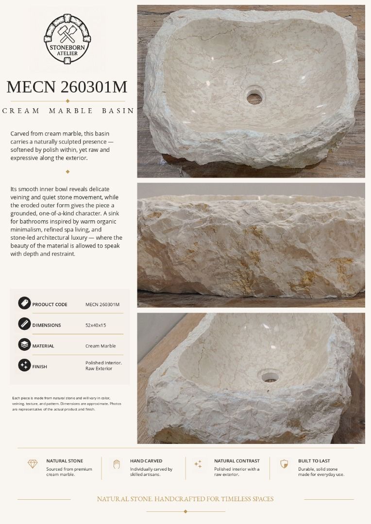 Stone Sinks (Category: Bathroom & Kitchen Fixtures) located in Caloocan City. Submitted by sbatelier.philippines (Listing ID 1464640309, Image 2). Description: Ready, on-hand stock. No need to wait for preordering, no downpayment needed. All items are availble on hand ready for same/next day shipping. DM us to view all our product catalogues with clear photos and specs. Large selection to choose from. At Stoneborn Atelier, we create unique, hand-
