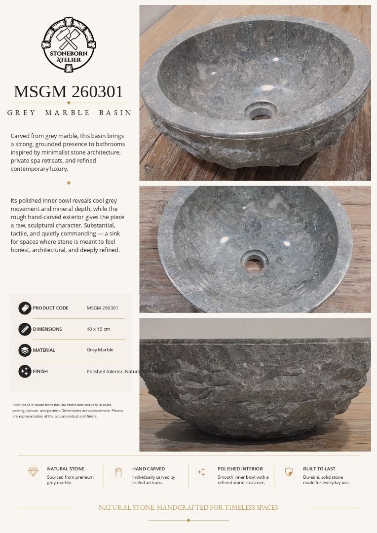 Stone Sinks (Category: Bathroom & Kitchen Fixtures) located in Caloocan City. Submitted by sbatelier.philippines (Listing ID 1464642617, Image 2). Description: Ready, on-hand stock. No need to wait for preordering, no downpayment needed. All items are availble on hand ready for same/next day shipping. DM us to view all our product catalogues with clear photos and specs. Large selection to choose from. At Stoneborn Atelier, we create unique, hand-