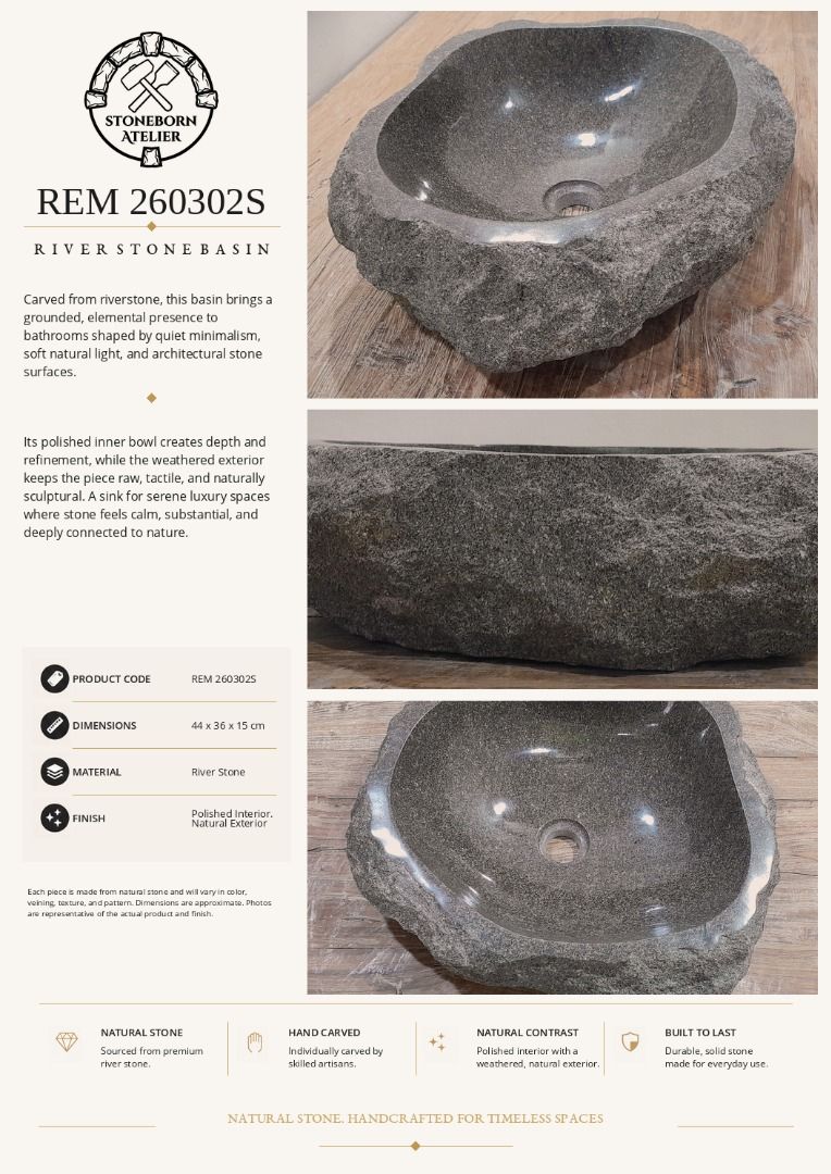 Stone Sinks (Category: Bathroom & Kitchen Fixtures) located in Muntinlupa City. Submitted by sbatelier.philippines (Listing ID 1464646622, Image 3). Description: Ready, on-hand stock. No need to wait for preordering, no downpayment needed. All items are availble on hand ready for same/next day shipping. DM us to view all our product catalogues with clear photos and specs. Large selection to choose from. At Stoneborn Atelier, we create unique, han