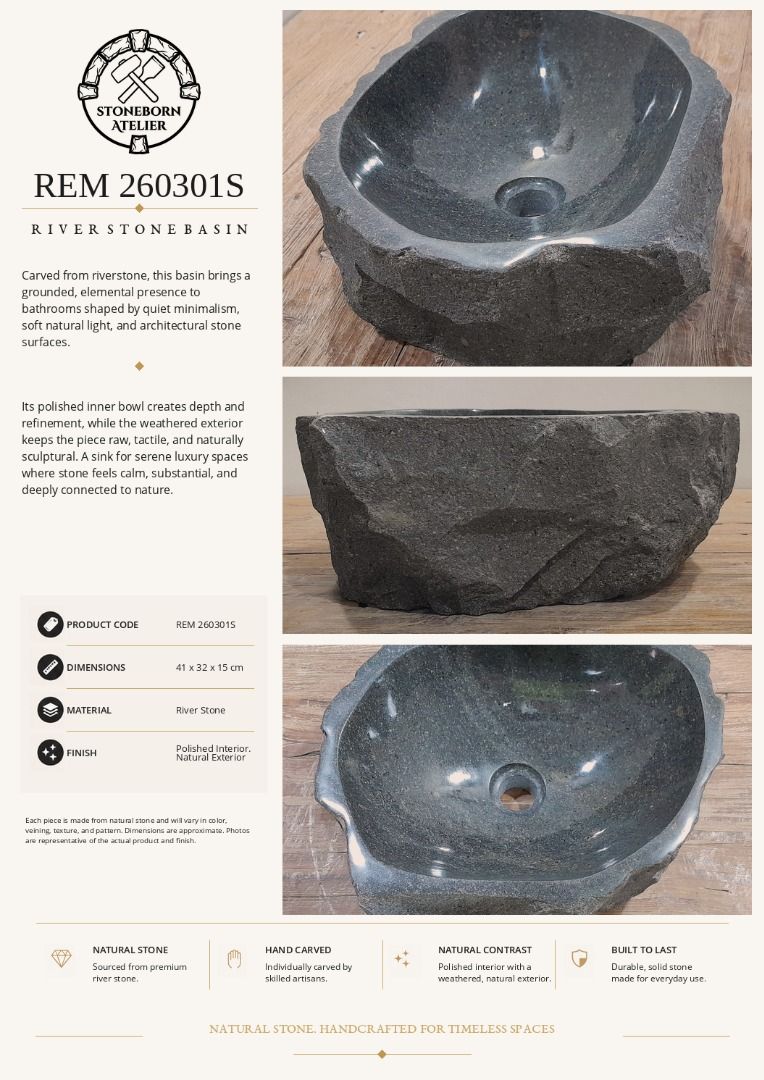 Stone Sinks (Category: Bathroom & Kitchen Fixtures) located in Muntinlupa City. Submitted by sbatelier.philippines (Listing ID 1464646622, Image 2). Description: Ready, on-hand stock. No need to wait for preordering, no downpayment needed. All items are availble on hand ready for same/next day shipping. DM us to view all our product catalogues with clear photos and specs. Large selection to choose from. At Stoneborn Atelier, we create unique, han