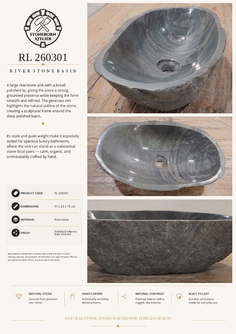 Stone Sinks (Category: Bathroom & Kitchen Fixtures) located in Muntinlupa City. Submitted by sbatelier.philippines (Listing ID 1464648243, Image 2). Description: Ready, on-hand stock. No need to wait for preordering, no downpayment needed. All items are availble on hand ready for same/next day shipping. DM us to view all our product catalogues with clear photos and specs. Large selection to choose from. At Stoneborn Atelier, we create unique, han
