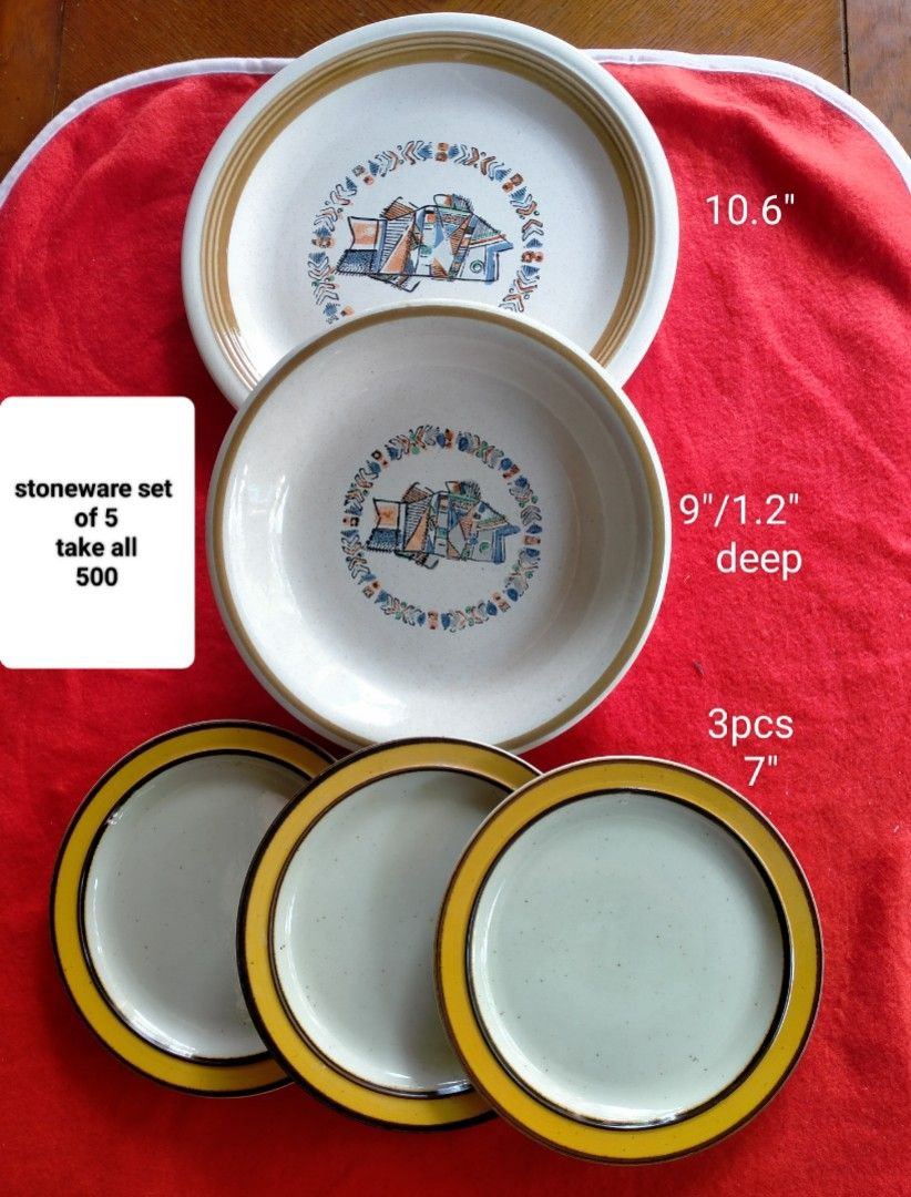 Stoneware Plate Set - 5 Pieces (Category: Dinnerware & Cutlery) located in Manila. Submitted by margeventa (Listing ID 1464616002, Image 1). Description: - Set of 5 beautiful stoneware plates - Features a decorative center and elegant gold rim - Includes: 1 large plate (10.6 inches), 1 deep bowl (9 inches), and 3 smaller plates (7 inches) - Perfect for serving meals or as a decorative set - Selling all 5 pieces for 500 -buyer shoulders sf Locatio