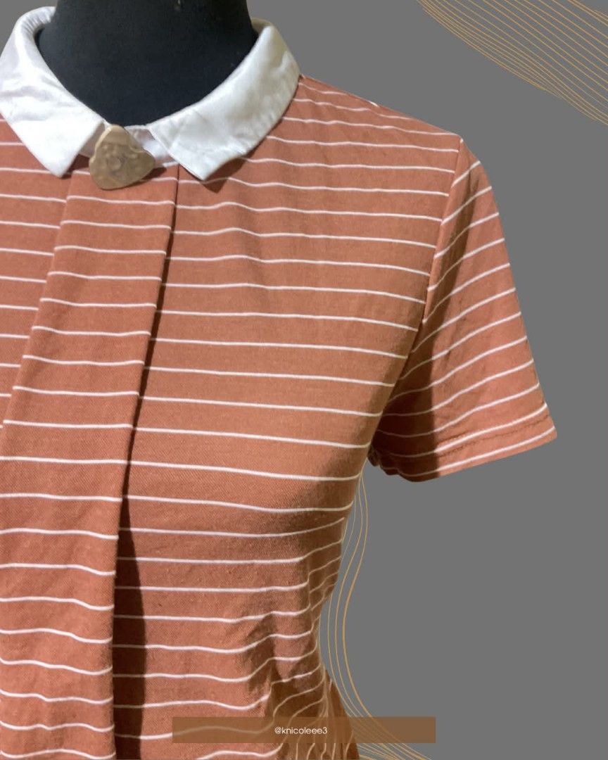 Striped Collared Dress M-L (Category: Dresses) located in Quezon City. Submitted by demagajesr45928 (Listing ID 1464628279, Image 2). Description: - Stylish brown and white striped dress - Short sleeves with a classic white collar - Button detail at the neckline for a touch of charm - Versatile fit: comfortably fits Medium to Large sizes - Length: 33 inches - Ideal for everyday casual wear - Good as new - RFS: Decluttering.