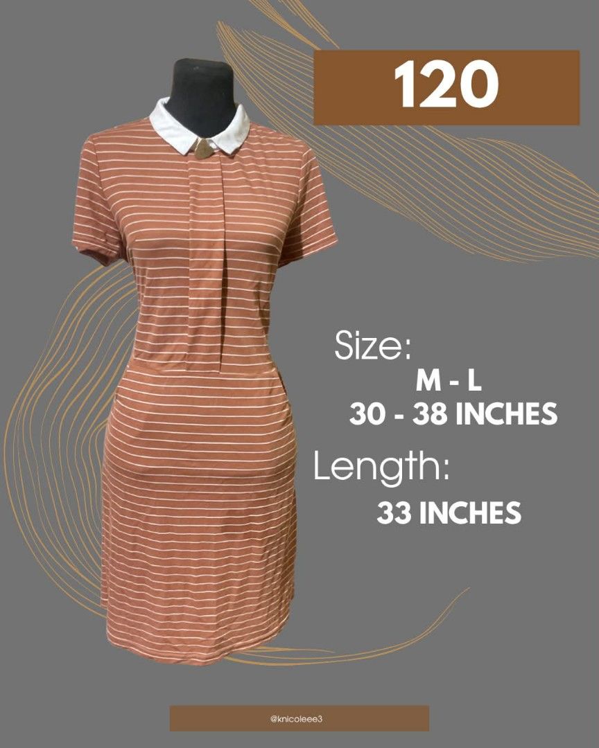 Striped Collared Dress M-L (Category: Dresses) located in Quezon City. Submitted by demagajesr45928 (Listing ID 1464628279, Image 1). Description: - Stylish brown and white striped dress - Short sleeves with a classic white collar - Button detail at the neckline for a touch of charm - Versatile fit: comfortably fits Medium to Large sizes - Length: 33 inches - Ideal for everyday casual wear - Good as new - RFS: Decluttering.