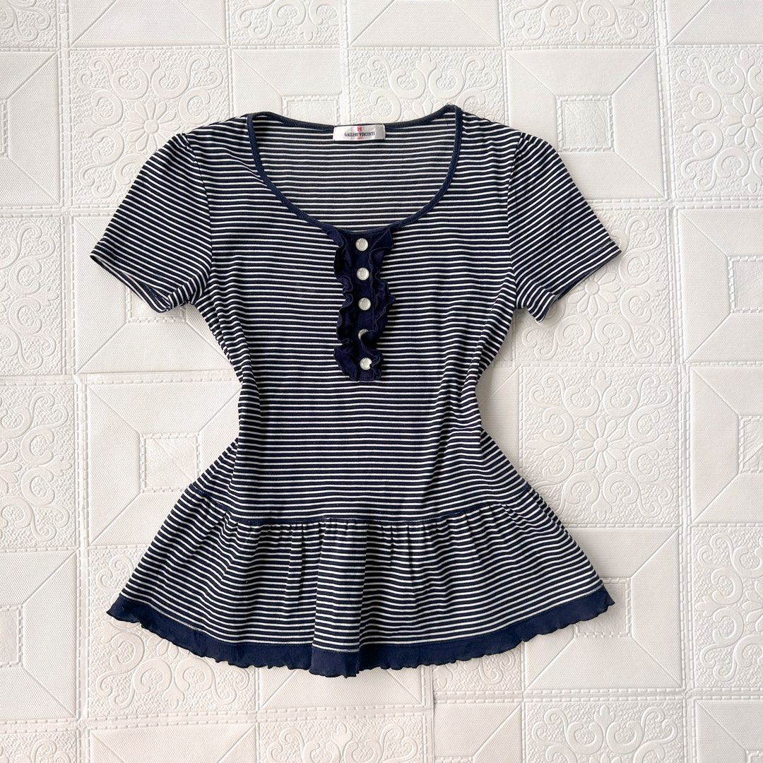 Striped Peplum Top with Ruffle Detail (Category: Sleeveless) located in Baguio. Submitted by icandy.collects (Listing ID 1464573182, Image 1). Description: Navy blue and white striped doll top s-m -no flaws.