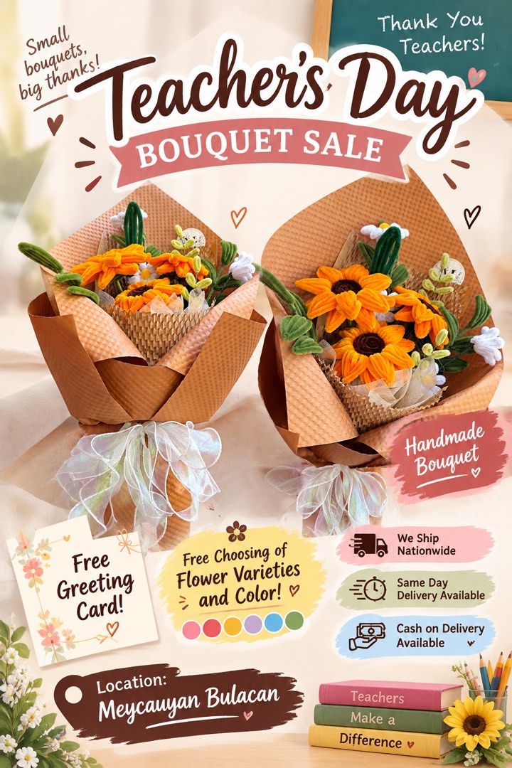 SUNFLOWER BOUQUET (Category: Flowers & Bouquets) located in Valenzuela. Submitted by mflowers_crafts (Listing ID 1464709029, Image 1). Description: HANDMADE FLOWERS THAT LAST! Looking for a beautiful and meaningful gift? 💐 Our handmade flower bouquets are carefully crafted with satin ribbons, fuzzy wire flowers, and dried trigo fillers—made with love and designed to last! 💕 📦 Ships nationwide 💵 Cash on Delivery available 💐 Customized orders 