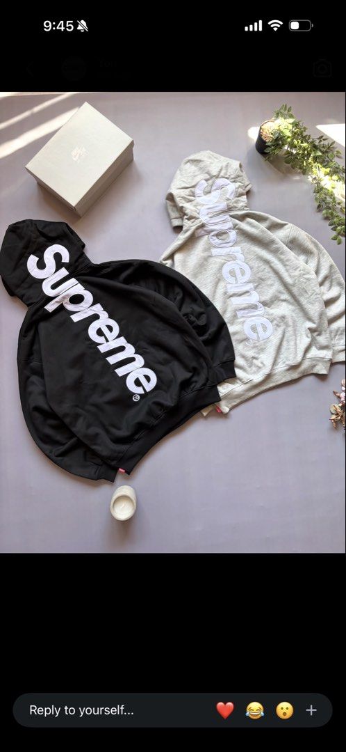 SUPREME APPLIQUE HOODIE | ON HAND (Category: Hoodies) located in Manila. Submitted by sunyellow611674 (Listing ID 1464756337, Image 1). Description: - Authentic Supreme hoodies available in Black and Light Grey Heather - Distinctive vertical Supreme text appliqued down the back and wrapping onto the hood - Heavyweight cotton blend material for maximum warmth and comfort - Equipped with a classic drawstring hood and a practical kangaroo front pock