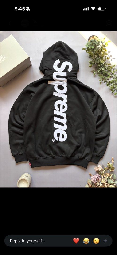 SUPREME APPLIQUE HOODIE | ON HAND (Category: Hoodies) located in Manila. Submitted by sunyellow611674 (Listing ID 1464756337, Image 2). Description: - Authentic Supreme hoodies available in Black and Light Grey Heather - Distinctive vertical Supreme text appliqued down the back and wrapping onto the hood - Heavyweight cotton blend material for maximum warmth and comfort - Equipped with a classic drawstring hood and a practical kangaroo front pock