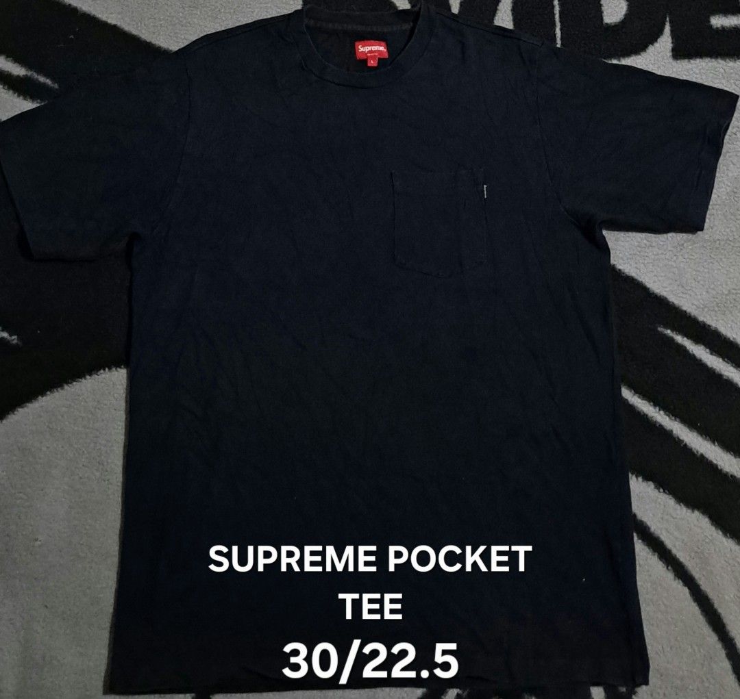 Supreme Pocket Tee Black Size L (Category: Tshirts & Polo Shirts ) located in San Fernando, Camarines Sur. Submitted by ladderaya (Listing ID 1464695490, Image 1). Description: - Item: Supreme Pocket Tee - Color: Black - Size: Large (Tag attached at neck) - Details: Small woven Supreme box logo on left chest pocket, classic crewneck fit - Material: 100% cotton with inner wash care tag - Measurements: Length 30" / Width 22.5" (Refer to first photo