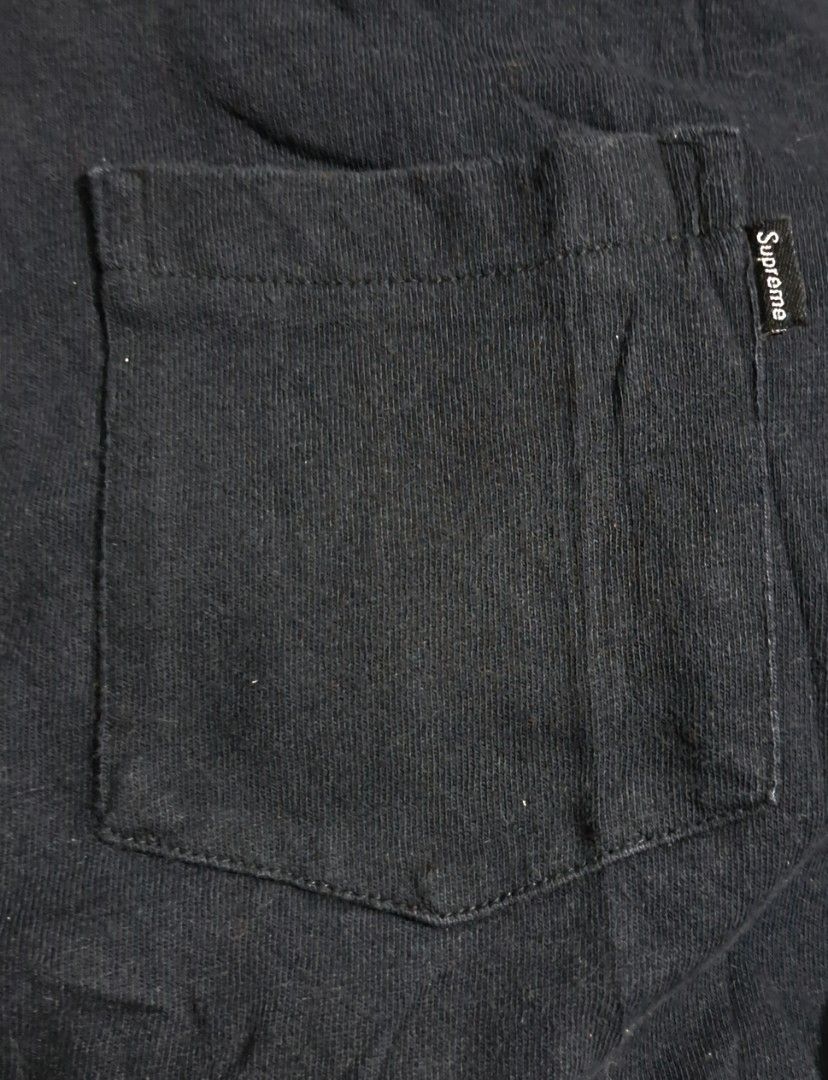 Supreme Pocket Tee Black Size L (Category: Tshirts & Polo Shirts ) located in San Fernando, Camarines Sur. Submitted by ladderaya (Listing ID 1464695490, Image 2). Description: - Item: Supreme Pocket Tee - Color: Black - Size: Large (Tag attached at neck) - Details: Small woven Supreme box logo on left chest pocket, classic crewneck fit - Material: 100% cotton with inner wash care tag - Measurements: Length 30" / Width 22.5" (Refer to first photo