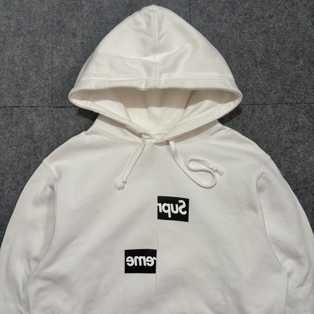 Supreme x Comme des Garcons Split Box Logo Hoodie (Category: Hoodies) located in Cavite. Submitted by gemsouttanowhere (Listing ID 1464614592, Image 2). Description: Small fits Medium-Large 22x27 Minor dot yellow stains.