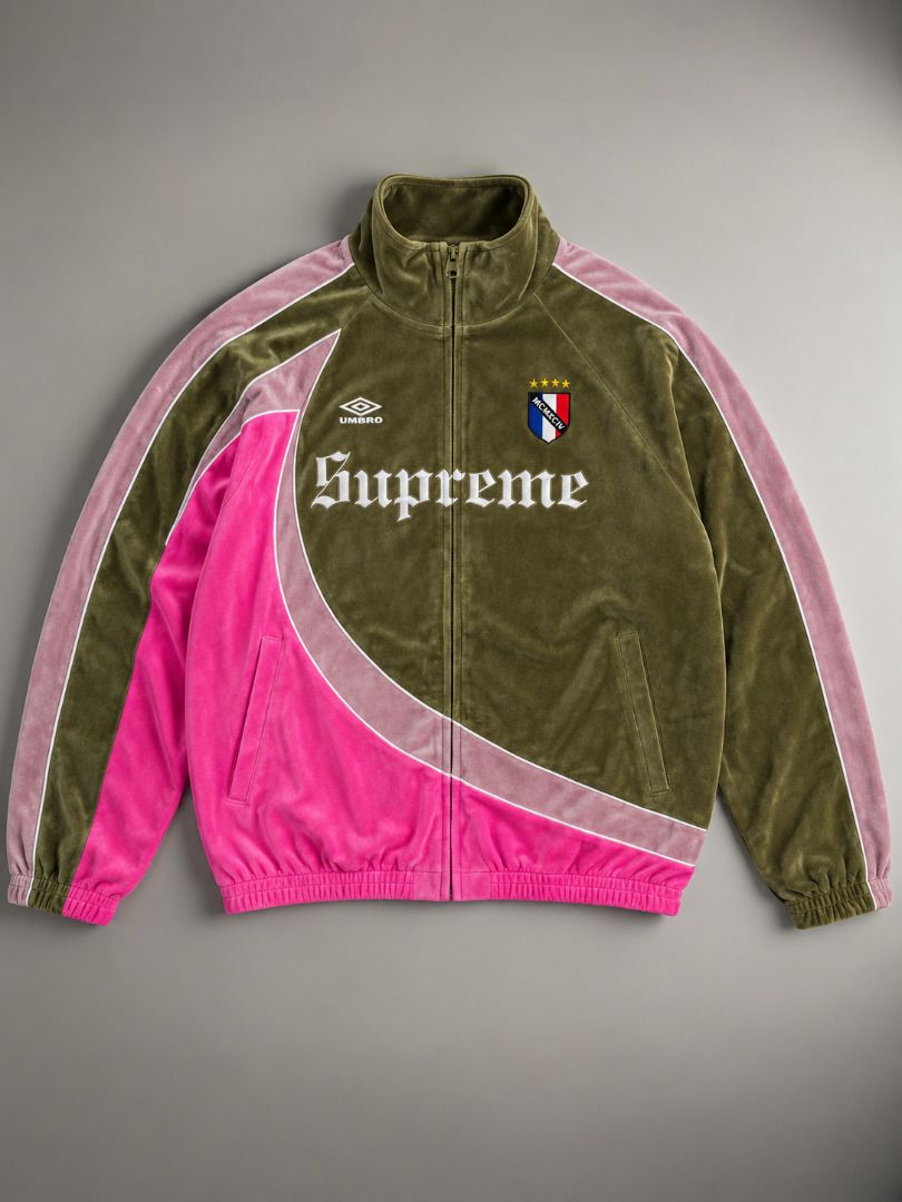 Supreme x Umbro Velour Track Jacket (Category: Coats, Jackets and Outerwear) located in San Fernando. Submitted by fynder (Listing ID 1464625933, Image 1). Description: Supreme x Umbro Velour Track Jacket Auth with Tags Available Sizes : S-XL 💬 DM for more Photos or Size Chart 📦 Fast processing (Air cargo freight) 💬 More drops daily on IG: @fynder1 🔒 Buyer protection through Carousell — shop with confidence .