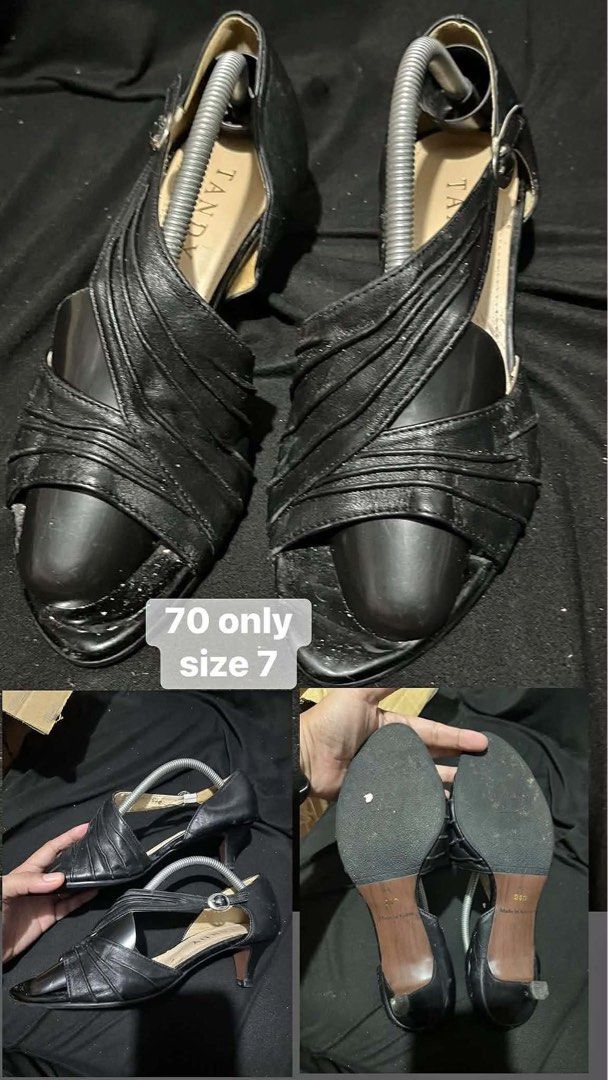 Tandy Black Leather Strappy Heels Size 7 (Category: Heels) located in Manila. Submitted by kiyanna.preloved (Listing ID 1464609105, Image 1). Description: - Brand: Tandy - Color: Black - Material: Leather - Style: Strappy heels with pointed toe - Heel Height: Moderate - Size: 7 - Price: 70.