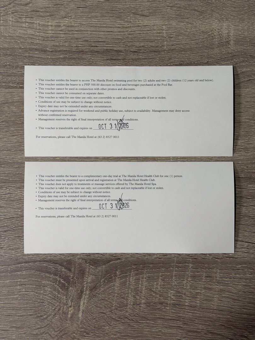 The Manila Hotel - Vouchers (Category: Vouchers) located in Manila. Submitted by matthewtolentino (Listing ID 1464685492, Image 2). Description: Expiration Date: October 31, 2026 .