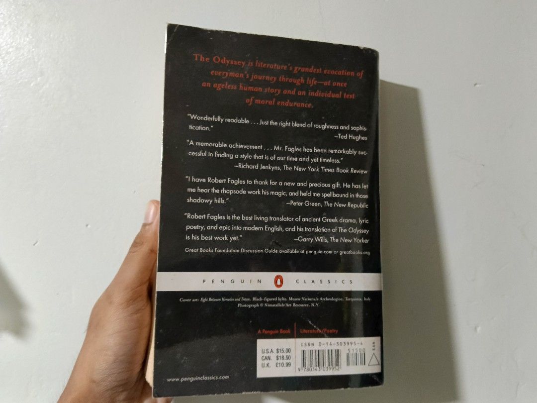 The Odyssey by Homer, Penguin Classics (Category: Storybooks) located in Tagum. Submitted by ria.bantayan (Listing ID 1464574522, Image 2). Description: - Classic edition of Homer's The Odyssey - Translated by Robert Fagles - Penguin Classics paperback - Ideal for fans of ancient Greek literature and epic poetry - Features an introduction and notes by Bernard Knox.