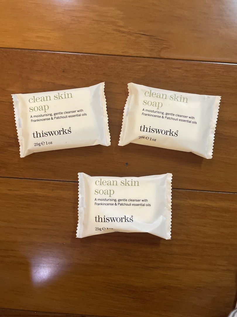 thisworks clean skin soap 29g 3-pack (Category: Bath) located in Mandaluyong City. Submitted by beautyfashdeclutter (Listing ID 1464713277, Image 1). Description: - Brand: thisworks clean skin soap - Quantity: 3 sealed bars (29g / 1 oz each) - Key Ingredients: Frankincense and Patchouli essential oils - Benefits: Gentle, moisturizing cleanse for face and body - Condition: Brand new and unused.