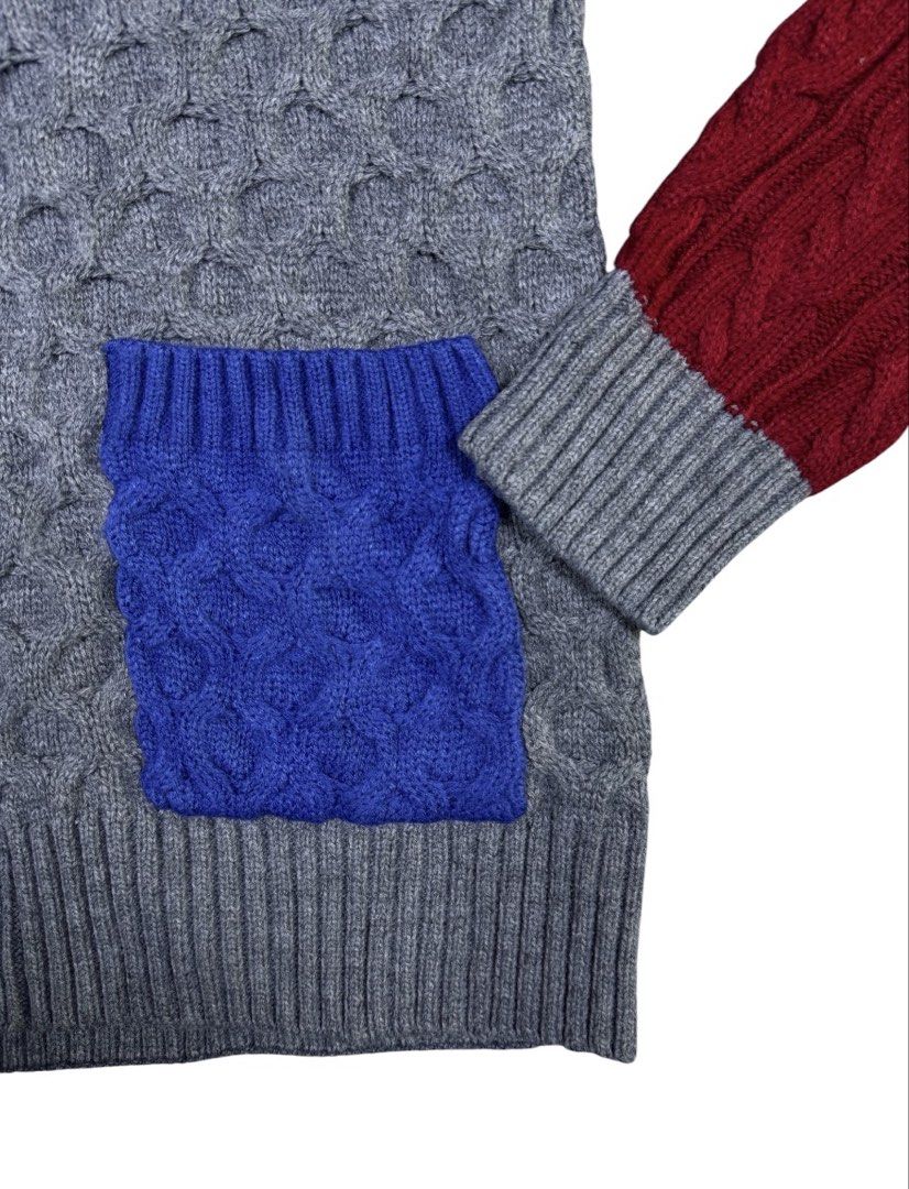 Thom Browne Patchwork Cable Knit Cardigan (Category: Coats, Jackets and Outerwear) located in Zamboanga. Submitted by nurhosinna77344 (Listing ID 1464585432, Image 3). Description: Thom Browne cardigan with a unique patchwork design. Features a mix of cable knit patterns in white, grey, blue, and burgundy. Two front pockets. Button closure. Made from 95% cotton and 5% polyurethane..