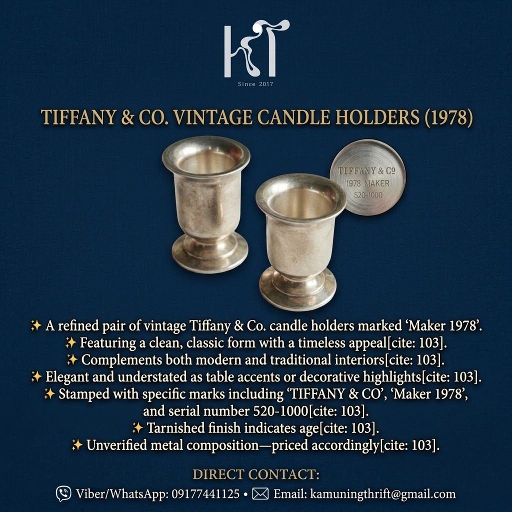 Tiffany & Co. Vintage candle holders (Category: Vintage Collectibles) located in Makati City. Submitted by kt_exchange (Listing ID 1464622597, Image 1). Description: Tiffany & Co. Vintage candle holders, Maker 1978 A refined pair of vintage Tiffany & Co. candle holders marked “Maker 1978,” featuring a clean, classic form that complements both modern and traditional interiors. Elegant and understated, these pieces work beautifully as table accents