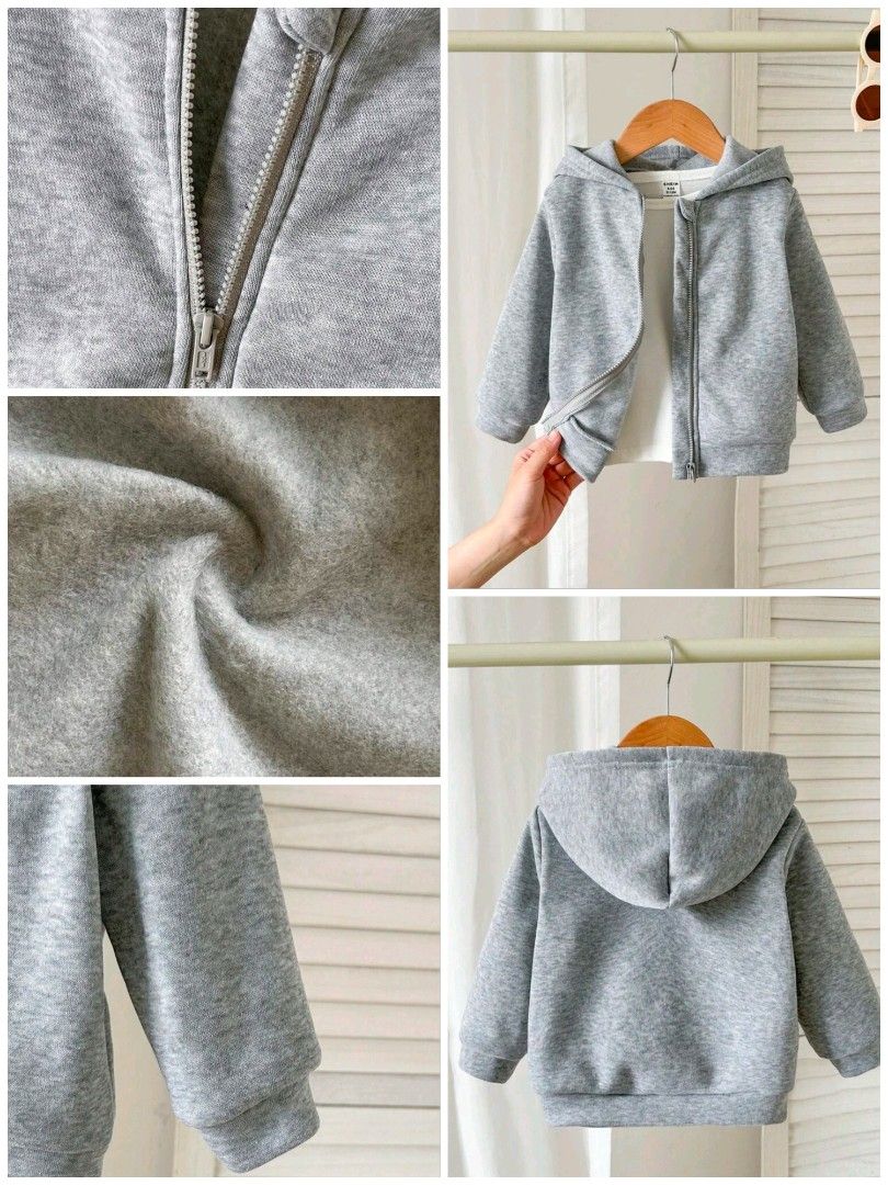 Toddler Grey Zip-Up Hooded Sweatshirt (Category: Babies & Kids Fashion) located in Antipolo. Submitted by tnskbl (Listing ID 1464712818, Image 1). Description: - Color: Solid Grey - Material: Soft and warm fleece inside - Design: Full-zip closure, attached hood, long sleeves - Fit: Ribbed cuffs and hem for a snug fit - Style: Versatile everyday layering piece, easy to match with any outfit.