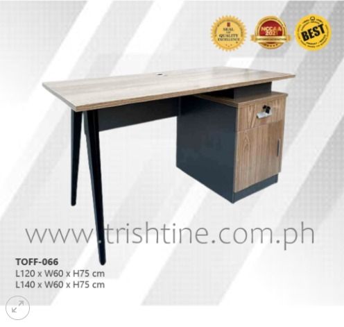 TOFF-066 | Office Table with Side Drawer and Cabinet (Category: Office Furniture & Fixtures) located in Caloocan City. Submitted by jimkirt.tristine.ph (Listing ID 1464646939, Image 1). Description: MDF board, laminated finish -Metal legs -Grommet hole -Side drawer with safety lock Dimension: L120 x W60 x H75 cm L140 x W60 x H75 cm Finish: as in picture DISCLAIMER: PRICE IS FOR POSTING PURPOSES ONLY.