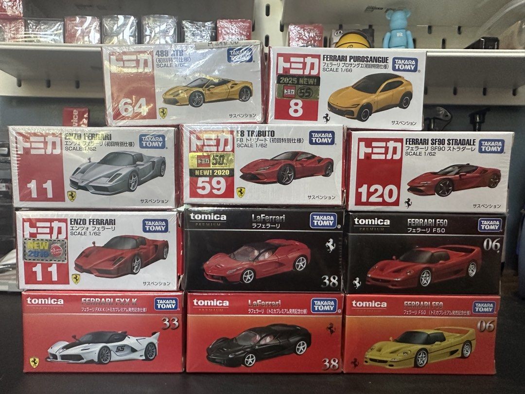 Tomica Ferrari Collection - Various Models (Category: Vehicle & Diecast Models) located in Manila. Submitted by xenasales (Listing ID 1464580848, Image 1). Description: 488 GTB (Yellow)(Sealed) - 350 Enzo Ferrari (Silver)(Sealed) - 350 Enzo Ferrari (Red)(Unsealed) - 350 FXXK (White)(Sealed) - 600 Purosangue (Yellow)(Sealed) - 300 F8 Tributo (Red)(Unsealed) - 650 LaFerrari (Red)(Sealed) - 600 LaFerrari (Black)(Sealed) - 550 SF90 Stradale (Red)(Sea