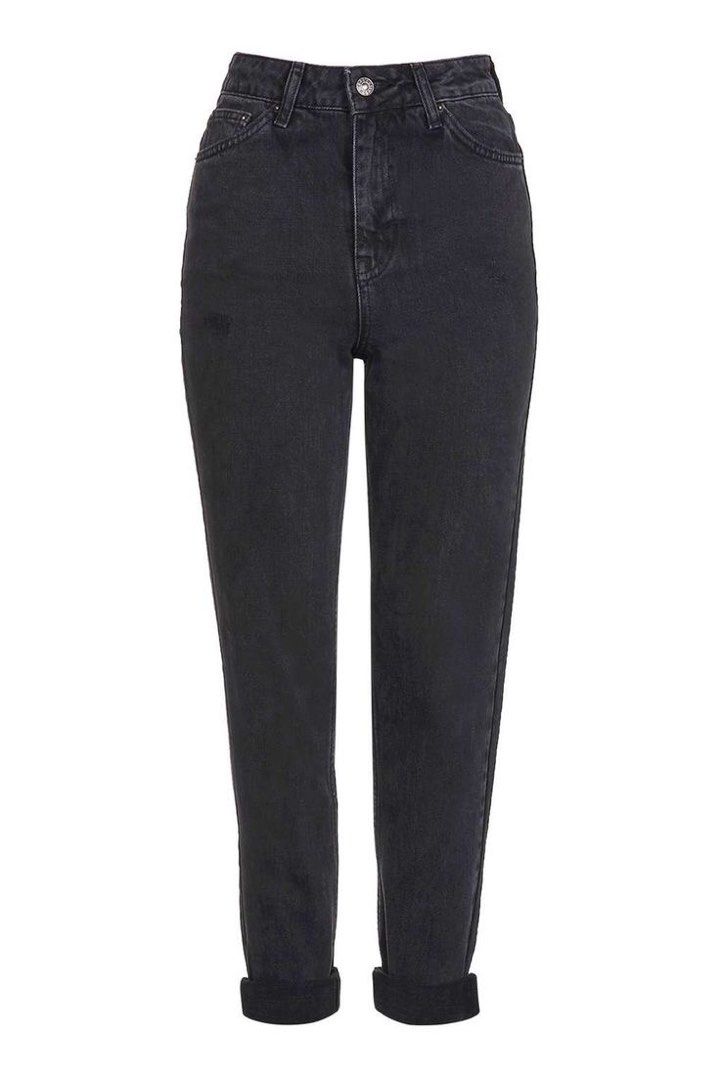 Topshop Mom Jeans (Category: Jeans) located in Manila. Submitted by prelovedbynicolettie (Listing ID 1464758821, Image 1). Description: - Washed black high-waist denim - Relaxed fit through hip and thigh with a slightly tapered leg - Classic button and zip fly - Unique heavy distressing detail near the right pocket - Finished with stylish rolled cuffs at the hem - Versatile everyday piece, easy to style Size on tag W25 L30.