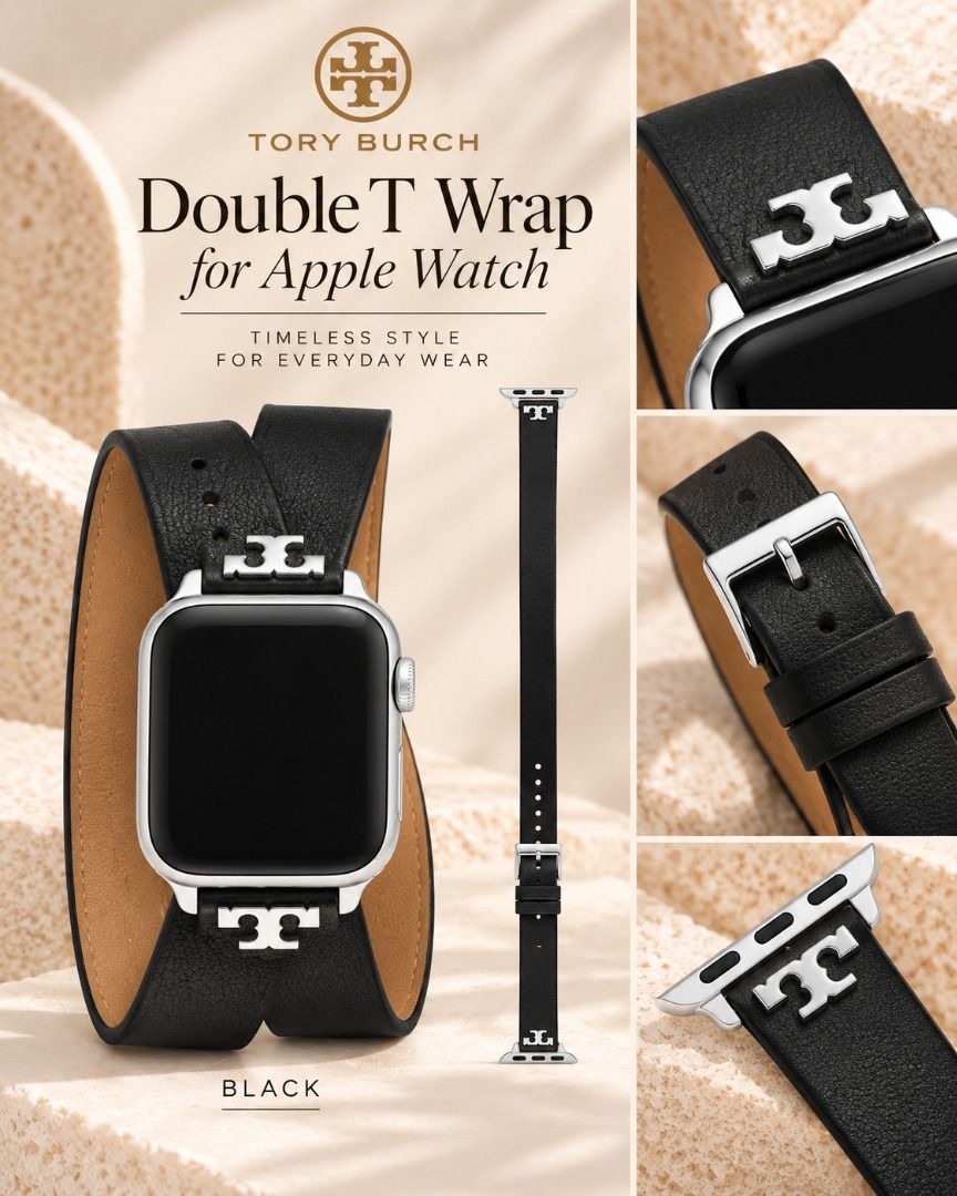 TORY BURCH Double T Collection for Apple Watch (Category: Men's Watches) located in Quezon City. Submitted by happyfactoryph (Listing ID 1464572934, Image 2). Description: ✨ ON SALE - TORY BURCH Double T Collection for Apple Watch ✨ Now available for PRE-ORDER 🤍 A timeless Tory Burch accessory for your Apple Watch, featuring the signature Double T design and available in two elegant styles: 🖤 Black Double T Wrap — ₱8,990 🤍✨ Silver/Gold Double 