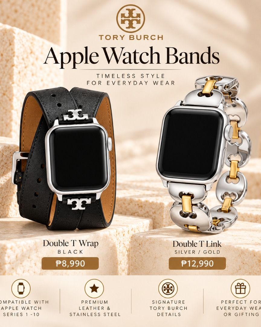 TORY BURCH Double T Collection for Apple Watch (Category: Men's Watches) located in Quezon City. Submitted by happyfactoryph (Listing ID 1464572934, Image 1). Description: ✨ ON SALE - TORY BURCH Double T Collection for Apple Watch ✨ Now available for PRE-ORDER 🤍 A timeless Tory Burch accessory for your Apple Watch, featuring the signature Double T design and available in two elegant styles: 🖤 Black Double T Wrap — ₱8,990 🤍✨ Silver/Gold Double 