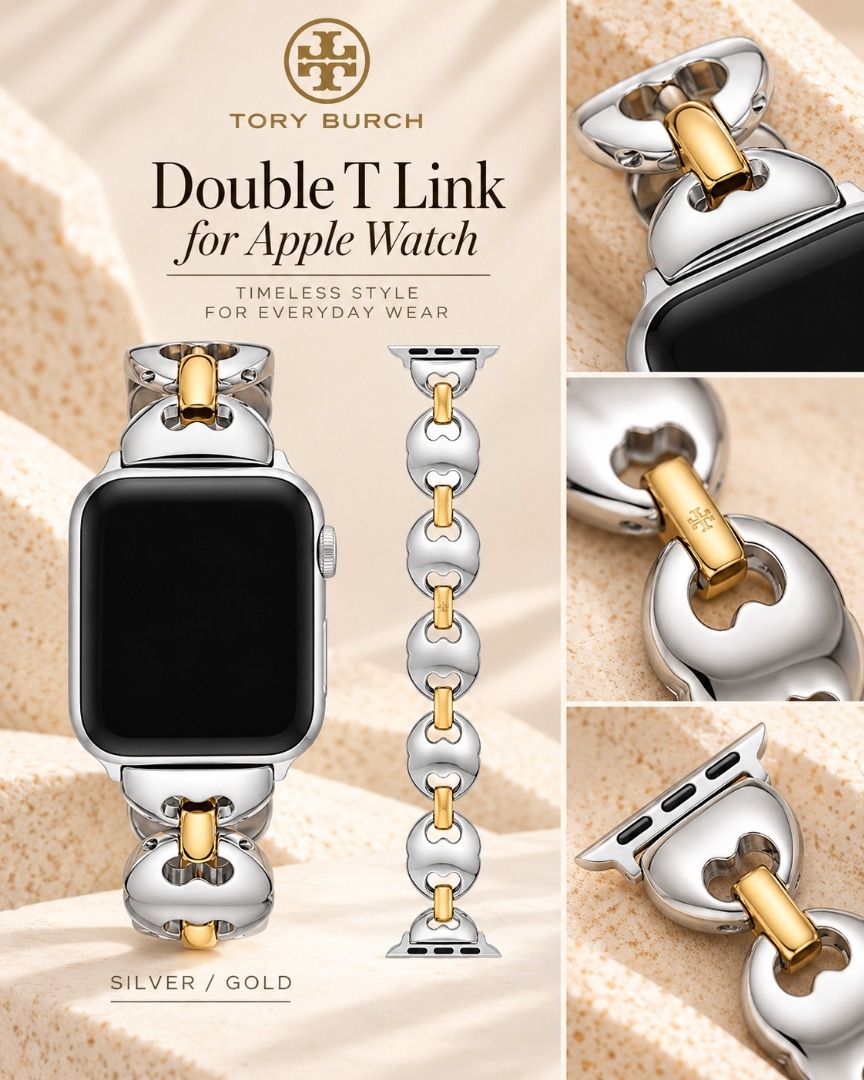 TORY BURCH Double T Collection for Apple Watch (Category: Men's Watches) located in Quezon City. Submitted by happyfactoryph (Listing ID 1464572934, Image 3). Description: ✨ ON SALE - TORY BURCH Double T Collection for Apple Watch ✨ Now available for PRE-ORDER 🤍 A timeless Tory Burch accessory for your Apple Watch, featuring the signature Double T design and available in two elegant styles: 🖤 Black Double T Wrap — ₱8,990 🤍✨ Silver/Gold Double 