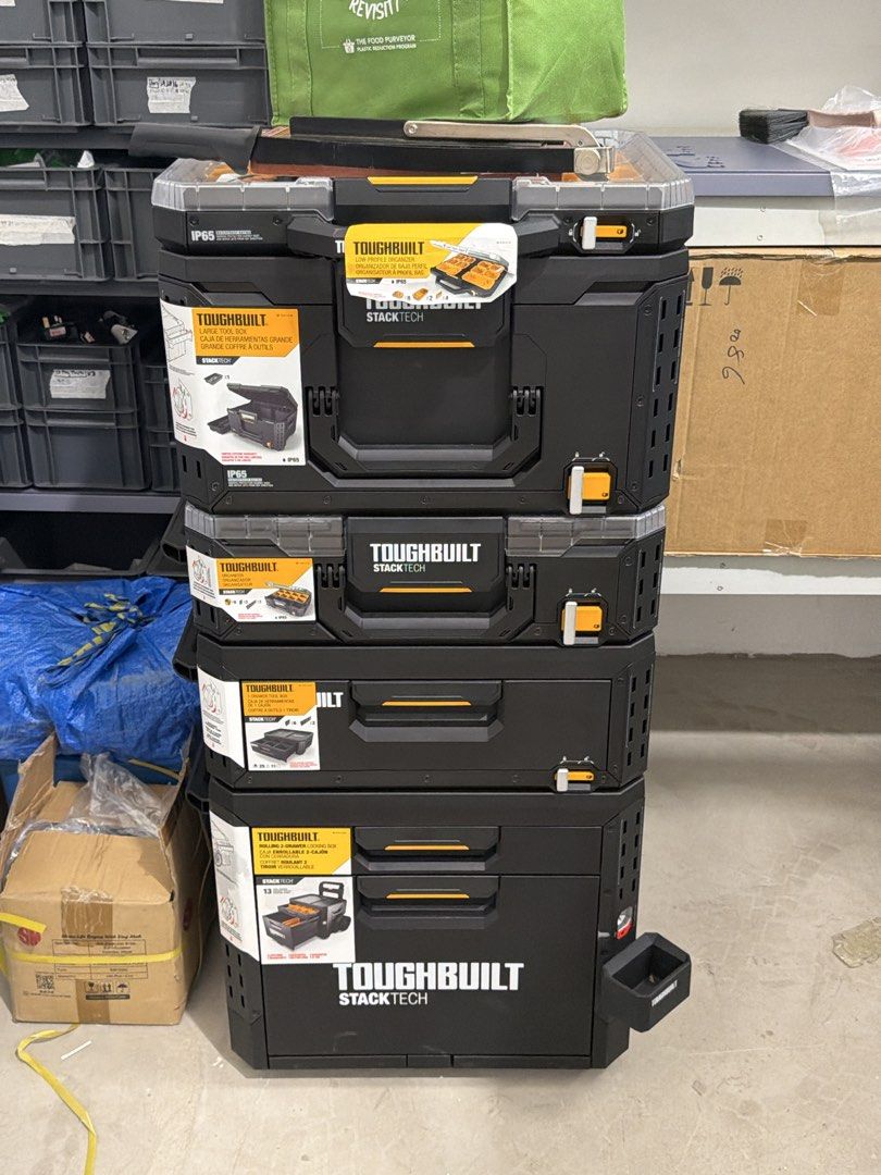 ToughBuilt StackTech Rolling Tool Box Set (Category: Storage Boxes & Baskets) located in Singapore. Submitted by stablecoin (Listing ID 1464576521, Image 1). Description: Bought for $1800, never used. ToughBuilt StackTech tool box set - Includes many components as shown - IP65 rated: dust-tight and protected against water jets - Ideal for tool organization - Stackable design for space efficiency .