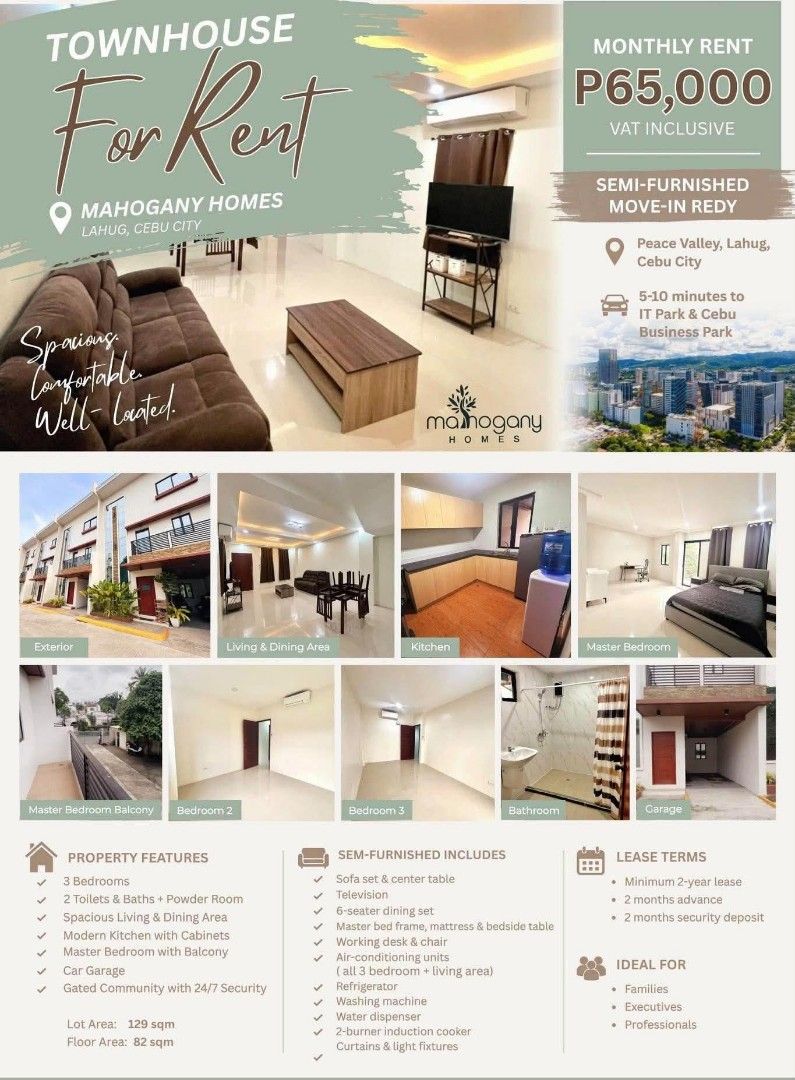 TOWN HOUSE - FOR RENT (Category: Townhouse) located in Manila. Submitted by zealtree.2538b3 (Listing ID 1464628694, Image 1). Description: 🏡 𝐅𝐎𝐑 𝐑𝐄𝐍𝐓 | 𝟑-𝐒𝐓𝐎𝐑𝐄𝐘 𝐓𝐎𝐖𝐍𝐇𝐎𝐔𝐒𝐄 𝐈𝐍 𝐋𝐀𝐇𝐔𝐆, 𝐂𝐄𝐁𝐔 𝐂𝐈𝐓𝐘 Looking for a comfortable, 𝐬𝐞𝐦𝐢-𝐟𝐮𝐫𝐧𝐢𝐬𝐡𝐞𝐝 𝐡𝐨𝐦𝐞 in a prime Lahug location? This townhouse at 𝐌𝐚𝐡𝐨𝐠𝐚𝐧𝐲 𝐇𝐨𝐦𝐞𝐬, 𝐏𝐞𝐚𝐜𝐞 𝐕𝐚𝐥𝐥𝐞𝐲, 𝐋𝐚𝐡𝐮𝐠 is now available for lease. 💰 ₱𝟔𝟓,𝟎𝟎𝟎/𝐦