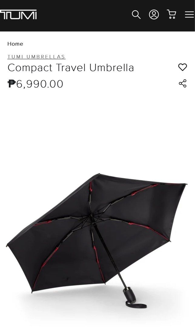Tumi Compact Travel Umbrella - Black (Category: Umbrellas) located in Manila. Submitted by starbalesukandjapansurplus (Listing ID 1464585079, Image 1). Description: - Brand: Tumi - Color: Black with red interior accents - Features: Auto open and close function - Portability: Compact and folds small for easy packing - Protection: Ideal for on-the-go rain protection - Additional: Handle loop for hanging, includes protective sleeve.