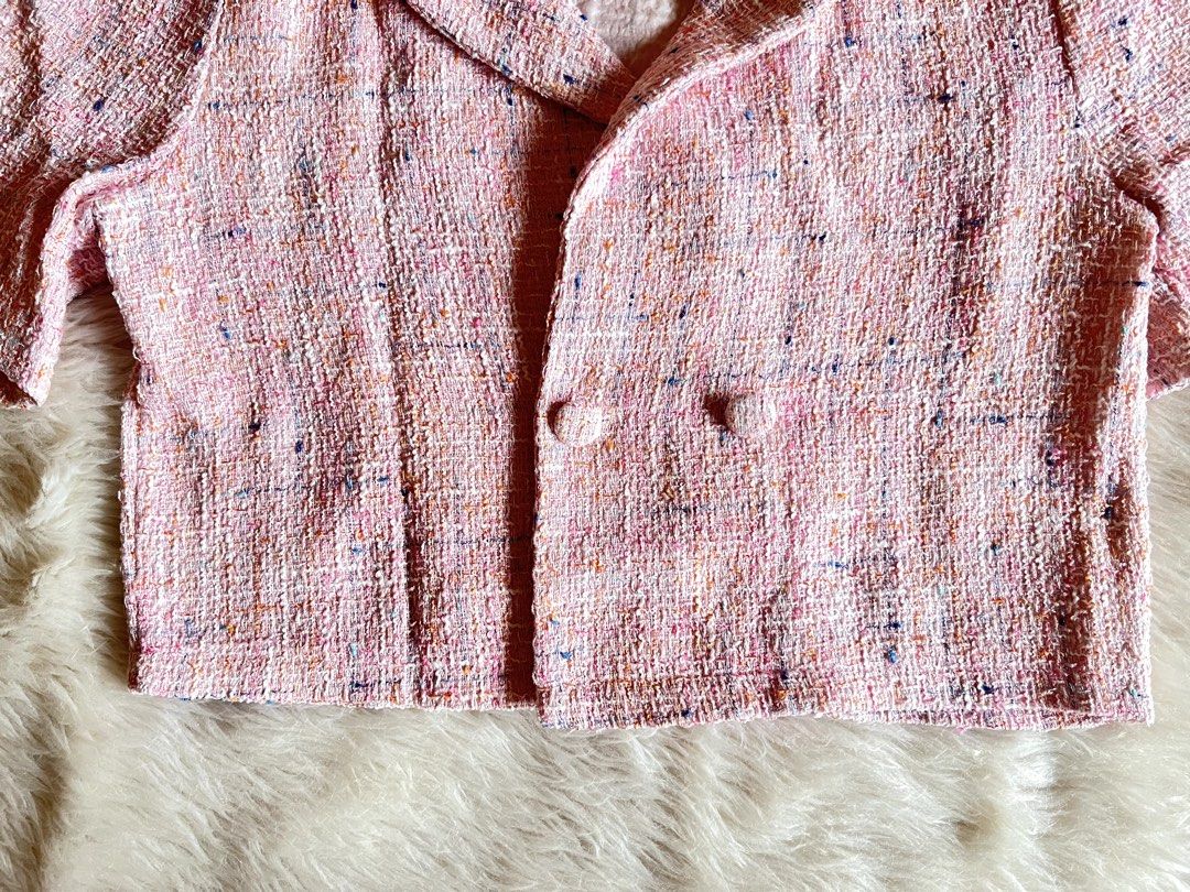Tweed Candy Pink Double Breasted Semi-Crop Top (Category: Blouses) located in Pasig City. Submitted by littlemisslove (Listing ID 1464613079, Image 3). Description: Brand New Preloved Size: Medium to Large Color: Pink (Marshmallow) (color may vary due to lighting) - light tweed - complete buttons, all working - with 2 button holes, para kahit anong side pwede - with light inner lining - NO FLAW (See last photo when worn | medium frame).