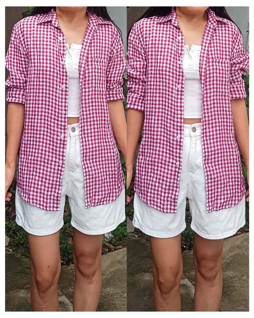 UNI Qlo Linen red checkered longsleeve (Category: Others Tops) located in Davao. Submitted by irisrazona16792 (Listing ID 1464584554, Image 1). Description: Small-Medium frame mall Quality .