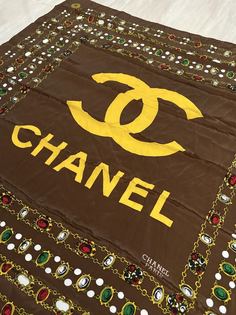 VINTAGE CHANEL PARIS SILK SCARF (Category: Luxury Accessories) located in Naga. Submitted by sislovesme (Listing ID 1464629105, Image 2). Description: •RARE COLORWAY •AUTHENTIC •NO FLAWS •W 34.5 INCHES •H 33 INCHES.