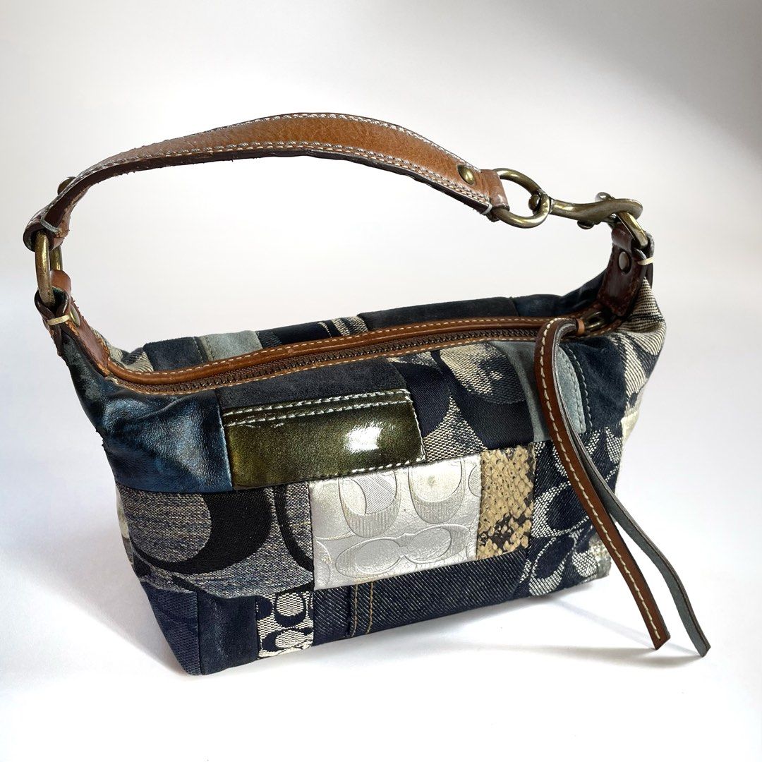 [FIXED PRICE] Vintage Coach 2007 Mini Denim Patchwork Pochette Bag (Category: Purses & Pouches) located in Las Pinas. Submitted by ultravioletlove (Listing ID 1464630962, Image 2). Description: Vintage Coach 2007 Mini Denim Patchwork Pochette Bag • Patchwork denim, canvas, leather & suede • Gold-tone hardware • Satin-lined interior • Interior pocket • No hang tag • Measurements: Approx. H 10.5 cm × W 22 cm × D 5 cm • Condition: Good vintage condi