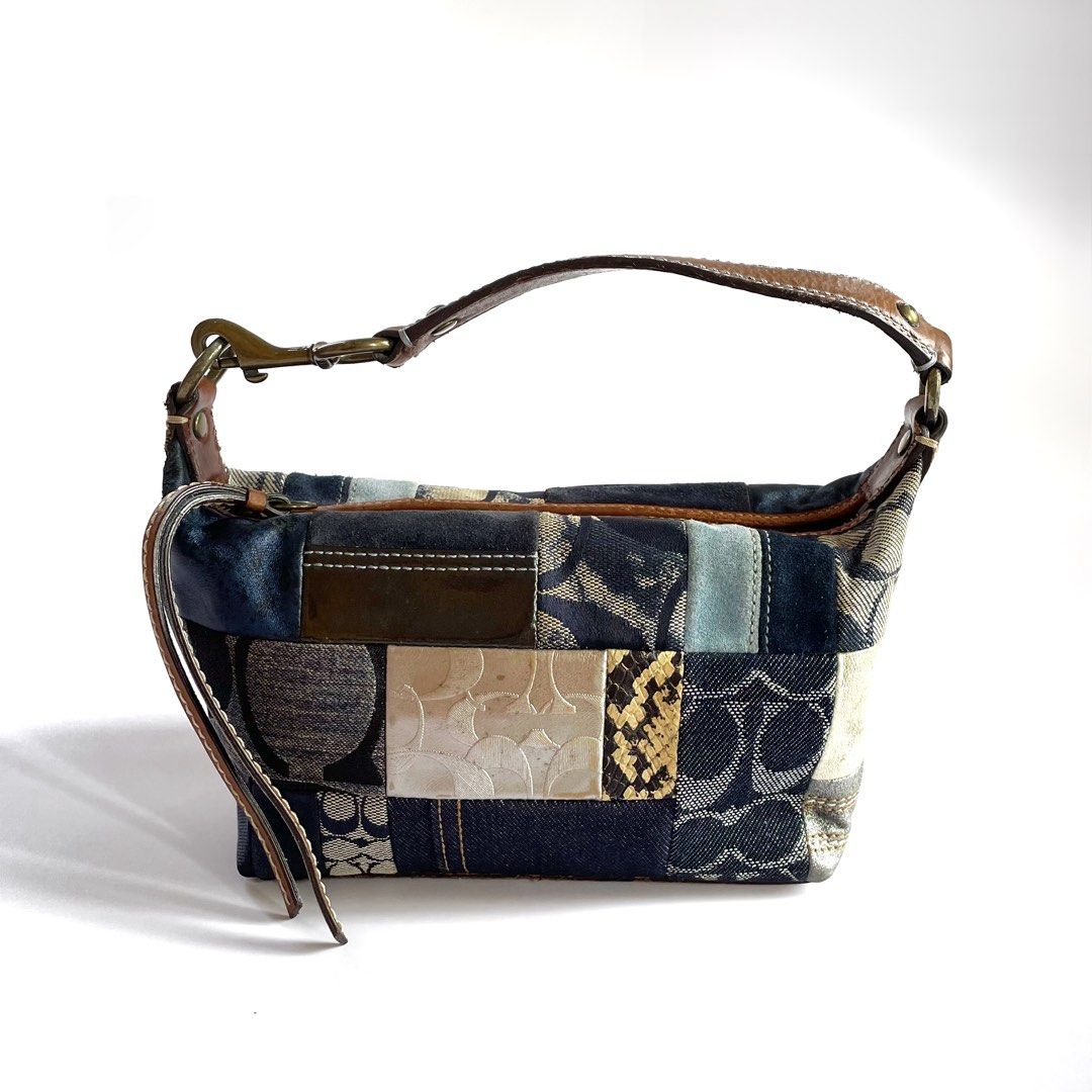 [FIXED PRICE] Vintage Coach 2007 Mini Denim Patchwork Pochette Bag (Category: Purses & Pouches) located in Las Pinas. Submitted by ultravioletlove (Listing ID 1464630962, Image 1). Description: Vintage Coach 2007 Mini Denim Patchwork Pochette Bag • Patchwork denim, canvas, leather & suede • Gold-tone hardware • Satin-lined interior • Interior pocket • No hang tag • Measurements: Approx. H 10.5 cm × W 22 cm × D 5 cm • Condition: Good vintage condi