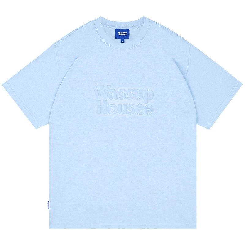 WASSUP HOUSE® TONAL EMBOSSED LOGO TEE (Category: Tshirts & Polo Shirts ) located in Baliuag. Submitted by retrovault83 (Listing ID 1464702333, Image 2). Description: ✨ Condition: 9–9.5/10 – Excellent Preloved / Like New Condition 📏 Size & Fit: Measurements: Width: 21 Length: 26 Fit: Standard / Relaxed Streetwear Fit ✅ Product Details & Features: • Color: Baby Blue / Light Blue • Tonal 3D raised/embossed "Wassup House®" chest logo • Fabric: 100% 