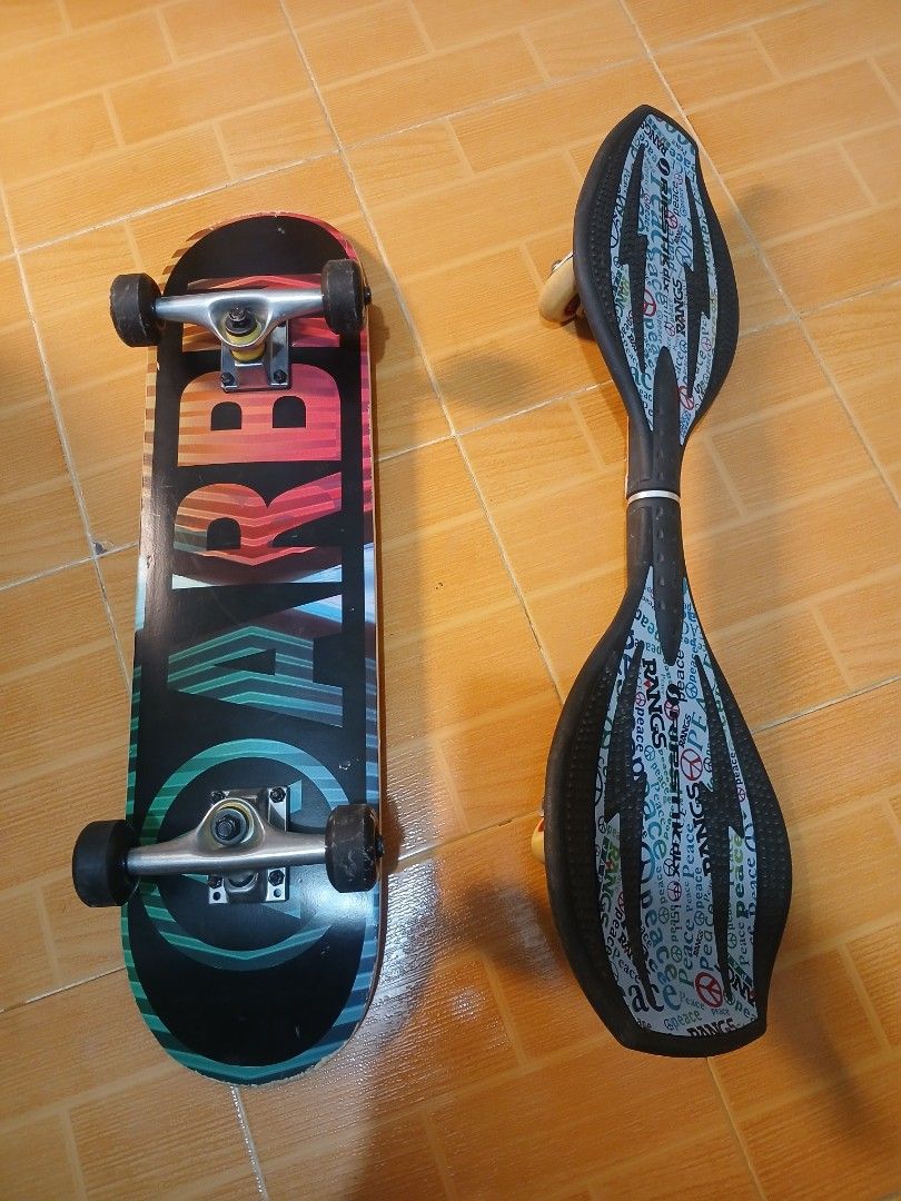 Waveboard and Skateboard Combo (Category: Skates, Rollerblades & Scooters) located in Manila. Submitted by asianwave189184 (Listing ID 1464636034, Image 2). Description: - Skateboard features a cool graphic design. - Black waveboard with peace and lightning bolt pattern. - Ideal for cruising and performing tricks. - Both are ready for a new owner..