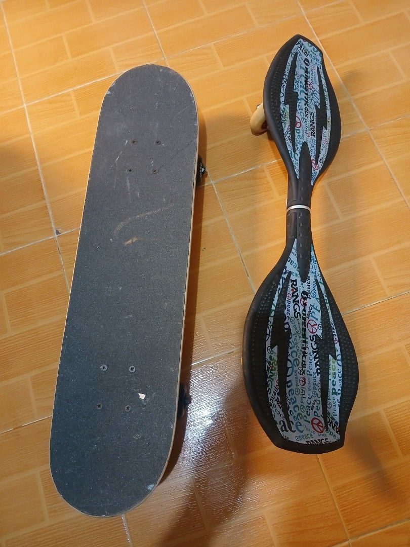 Waveboard and Skateboard Combo (Category: Skates, Rollerblades & Scooters) located in Manila. Submitted by asianwave189184 (Listing ID 1464636034, Image 3). Description: - Skateboard features a cool graphic design. - Black waveboard with peace and lightning bolt pattern. - Ideal for cruising and performing tricks. - Both are ready for a new owner..