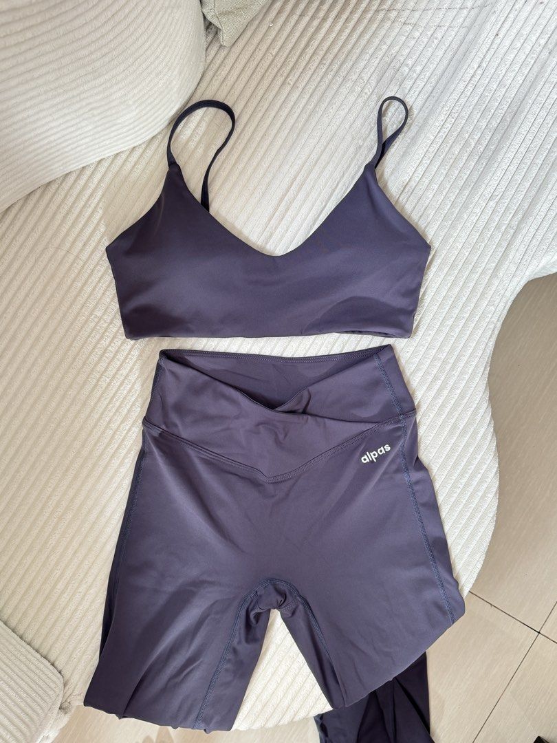 Wear Alpas Demi Set (Slate Gray) (Category: Activewear) located in Dasmarinas. Submitted by ella.i2 (Listing ID 1464623786, Image 1). Description: - Used twice - Bought for ₱3,600 - Looks more like a Dusty Blue than Slate Gray - Bra: V-neckline, thin straps - Leggings: Flare style, ruched back detail, V-waistband - Versatile: Ideal for workouts or casual wear - Features: Comfortable and stylish design 📍Dasma.