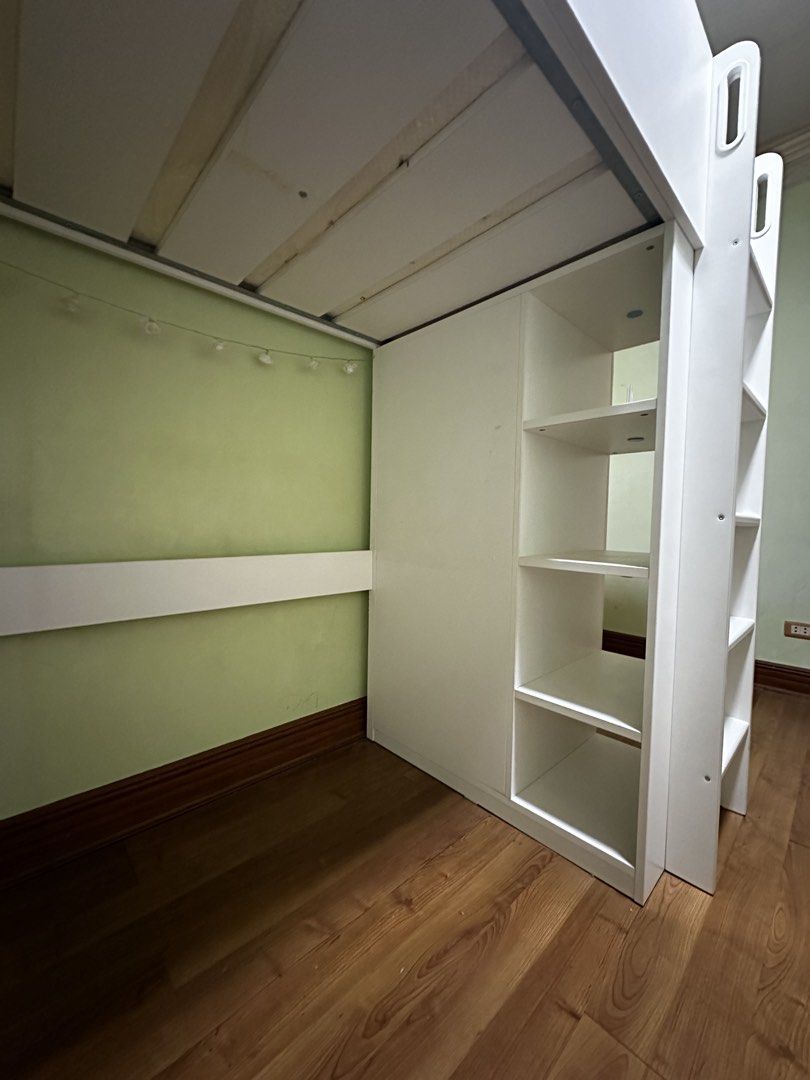 White IKEA Loft Bed with Wardrobe and Shelves (Category: Bed Frames & Mattresses) located in Quezon City. Submitted by migsu126 (Listing ID 1464582089, Image 2). Description: White IKEA Bunk Bed - With New Mattress - Negotiable - For Pick Up Only - Buyer needs to disassemble to bring it out.