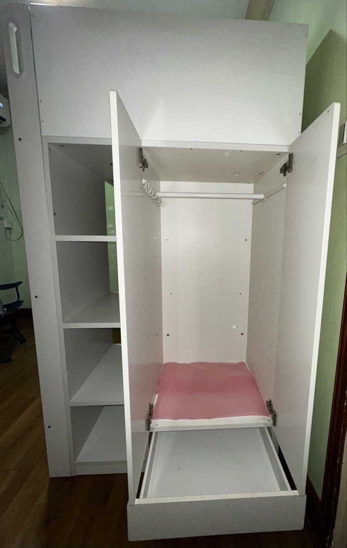 White IKEA Loft Bed with Wardrobe and Shelves (Category: Bed Frames & Mattresses) located in Quezon City. Submitted by migsu126 (Listing ID 1464582089, Image 3). Description: White IKEA Bunk Bed - With New Mattress - Negotiable - For Pick Up Only - Buyer needs to disassemble to bring it out.