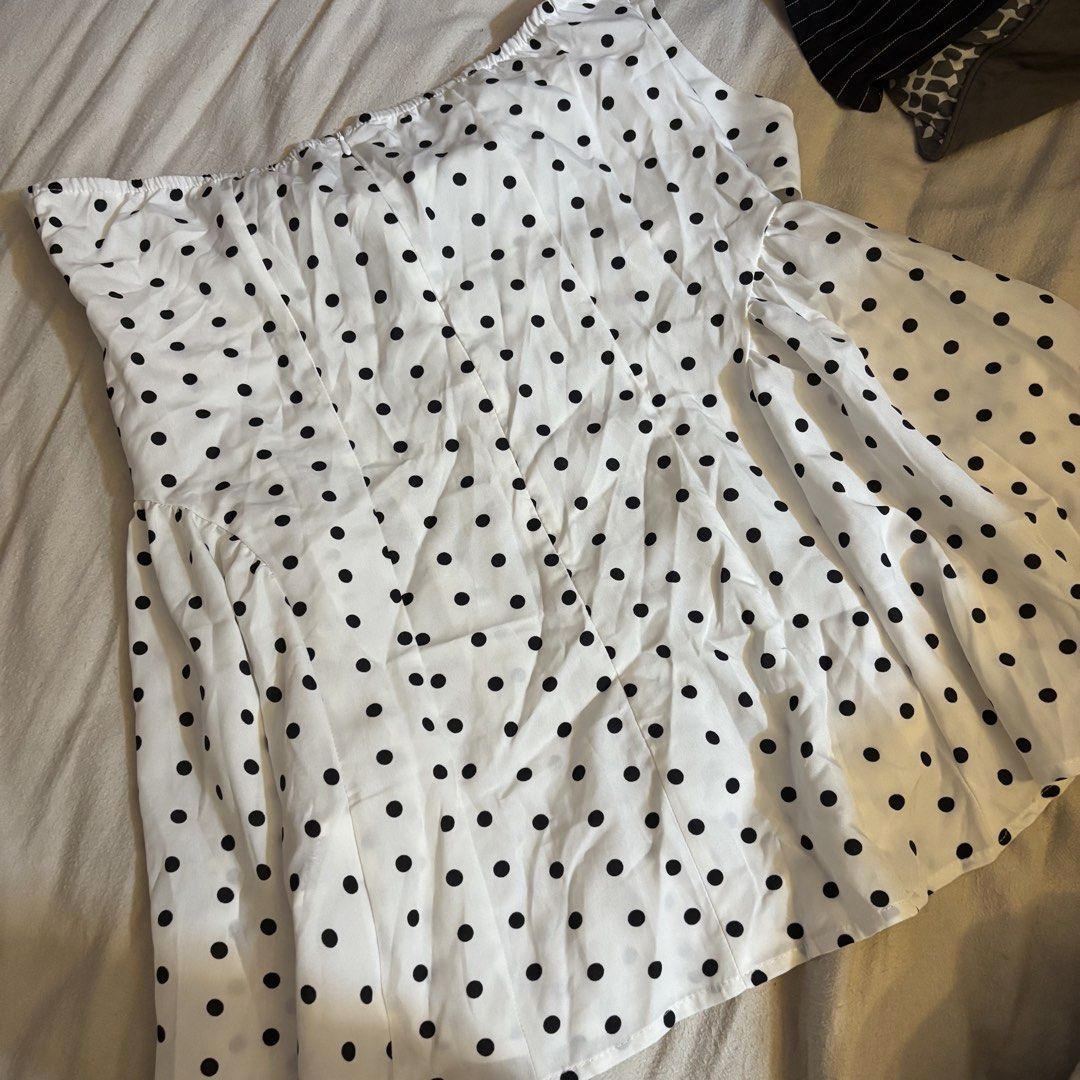 White Polka Dot Halter Neck Mini Dress (Category: Dresses) located in Cainta. Submitted by kairus.luckyfind (Listing ID 1464657483, Image 2). Description: worn once, swipe for ww pics - Cute white mini dress - Black polka dot pattern - Halter neck with front cutout detail - Flattering fit and flare silhouette - Ideal for night outs or special occasions - Comfortable and stylish.