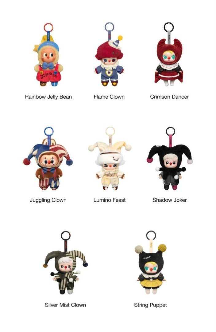 Why So Serious Series - Vinyl Plush Pendant (Category: Plushies & Soft Toys) located in Manila. Submitted by cedie.notmunti.notprinsipe (Listing ID 1464714192, Image 1). Description: Why So Serious Series - Vinyl Plush Pendant Juggling Clown - 1900 Crimson Dancer - 1,000 String Puppet - 1,000 Flame Clown - 1,100 Luminous Feast - 1,100 Shadow Joker - 1,050 Silver Mist Clown - 1,050 Rainbow Jelly Bean - 1,000 Opened the bottom box to check the card
