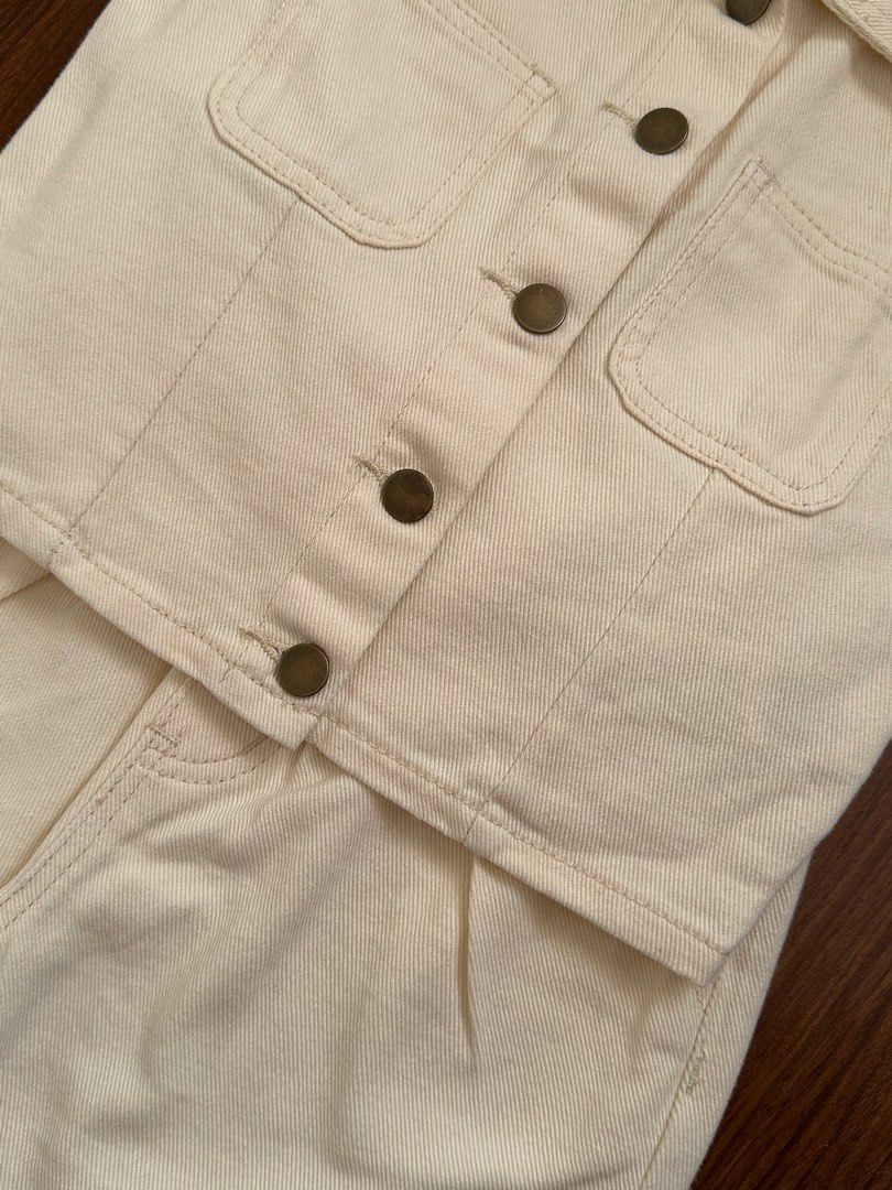 Wide leg pants and vest set (Category: Babies & Kids Fashion) located in Manila. Submitted by nolanandpio (Listing ID 1464678111, Image 2). Description: - Cream colored denim set - Sleeveless collared vest with button front and chest pockets - Matching culottes with comfortable elastic waistband - Perfect for a casual, stylish look - Versatile pieces: wear together or separately Used once (pinang picture lang) bought in Vietnam! I swear sobrang g