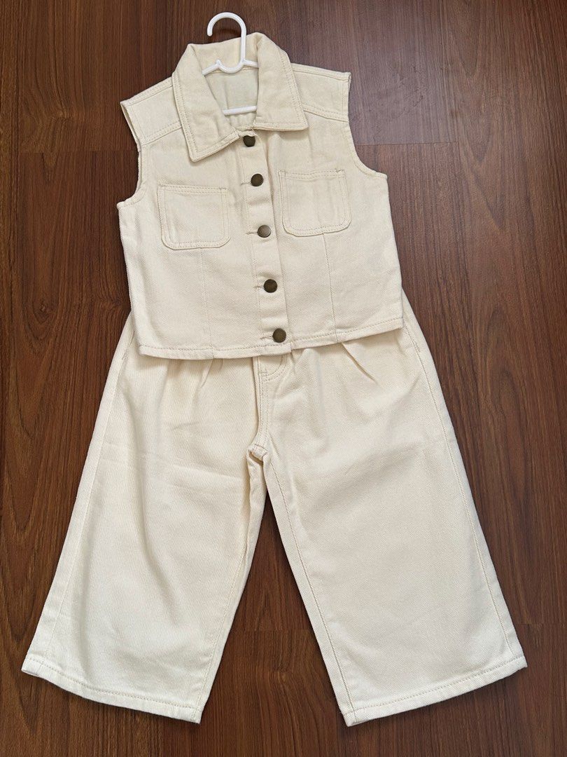 Wide leg pants and vest set (Category: Babies & Kids Fashion) located in Manila. Submitted by nolanandpio (Listing ID 1464678111, Image 1). Description: - Cream colored denim set - Sleeveless collared vest with button front and chest pockets - Matching culottes with comfortable elastic waistband - Perfect for a casual, stylish look - Versatile pieces: wear together or separately Used once (pinang picture lang) bought in Vietnam! I swear sobrang g